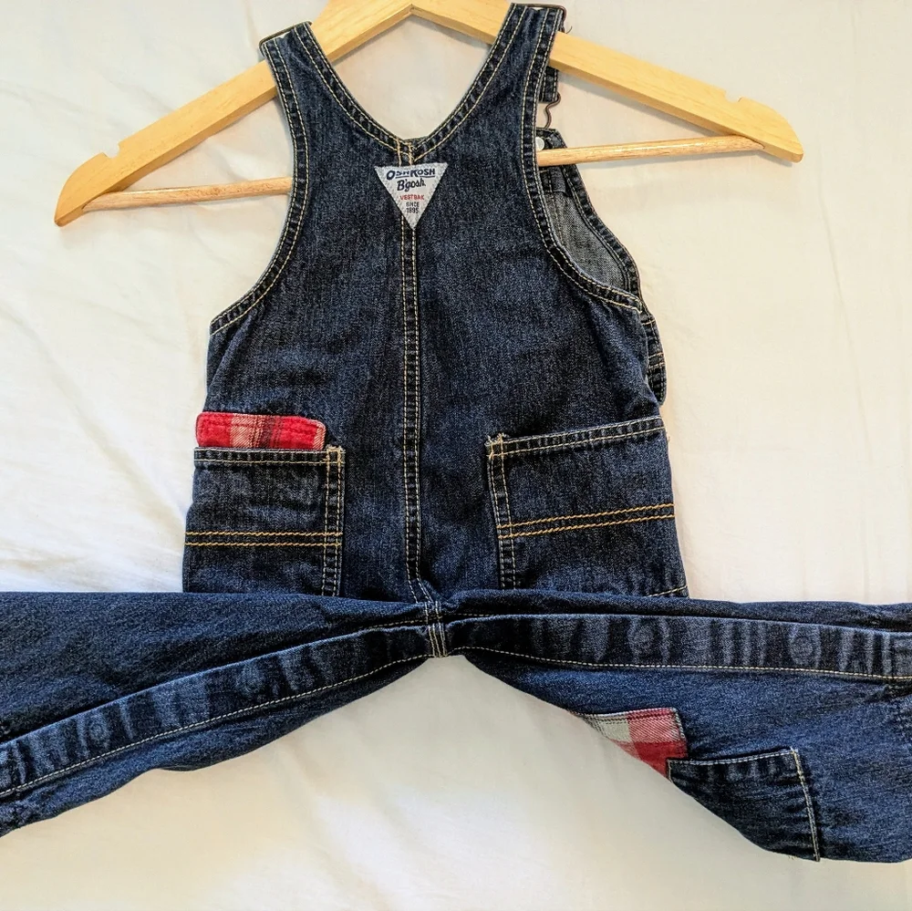OshKosh B'Gosh Vestback Overalls Size 18M Denim Moose Embroidered Plaid Holiday